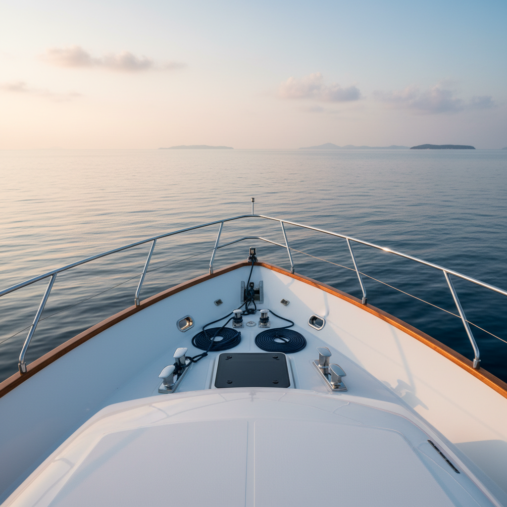 The bow of a modern, white luxury yacht cutting gently through calm, deep-blue water, photographed at eye level from just above the surface. Stainless steel railings, polished cleats, and neatly coiled navy mooring lines catch the soft glow of early morning light. The ocean is smooth, with subtle ripples reflecting pale pink and gold hues from the sky. On the distant horizon, small, hazy islands add depth without distracting from the yacht’s clean lines. The image has a balanced, minimalist composition with a moderate depth of field, keeping both the bow and the near water sharply defined. The mood is sophisticated and tranquil, evoking the quiet anticipation of a refined day of diving and exploration.