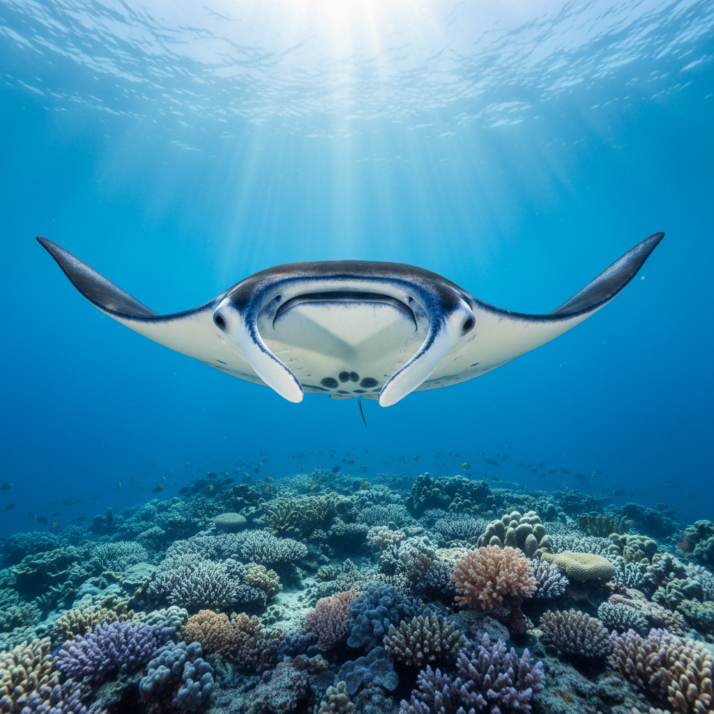 A majestic manta ray gliding effortlessly above a pristine coral reef, rendered in photographic realism. Its dark, velvety back and pale underbelly are illuminated by shafts of clear, tropical sunlight filtering down from the surface, revealing delicate textures along its cephalic fins and wingtips. Below, intricate coral formations in muted pastel tones create an elegant, natural tapestry with small fish subtly blurred in the background. Shot from a low, slightly forward angle, as if cruising just below the manta, the composition follows the rule of thirds, emphasizing open blue water for a sense of freedom. The atmosphere is serene and contemplative, with crisp detail and a refined, sophisticated underwater aesthetic.