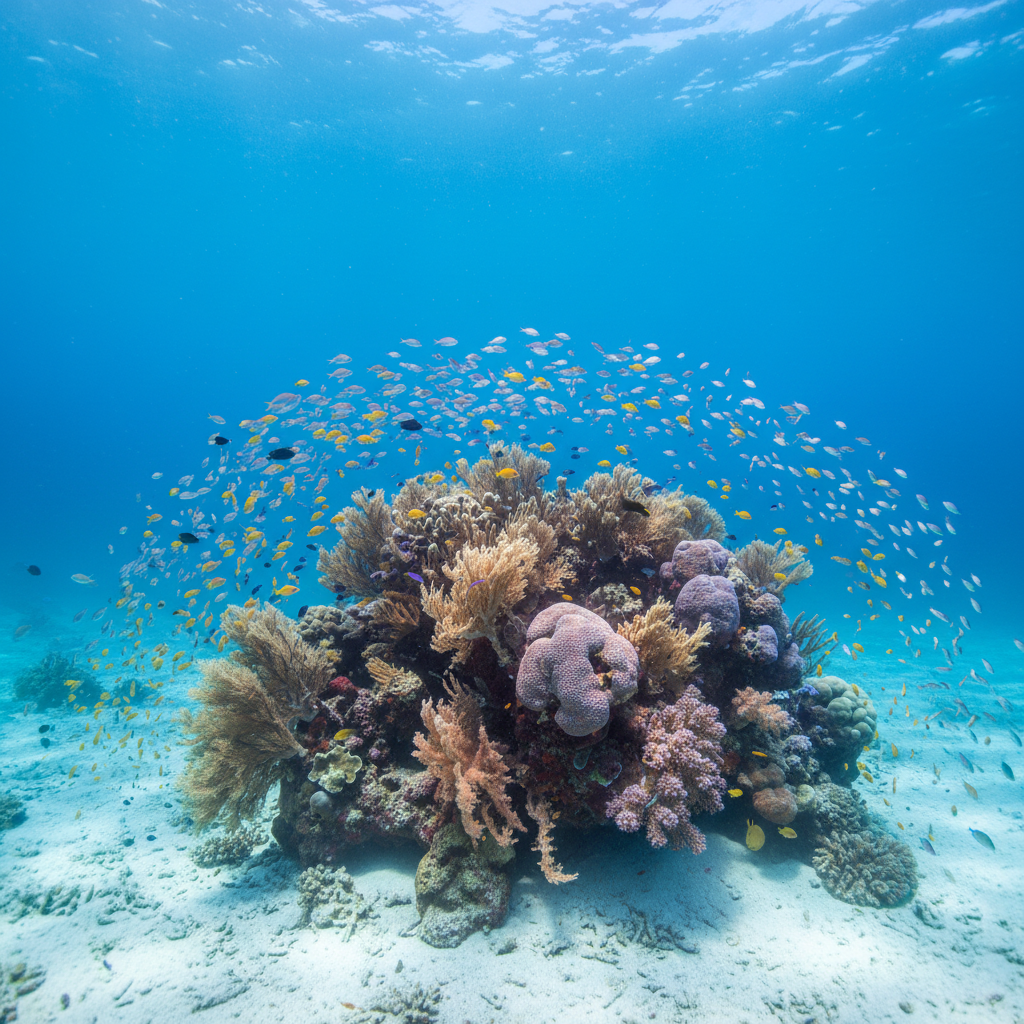 A vibrant yet refined coral bommie rising from a sandy seabed, photographed in clear, tropical water with a focus on photographic realism. The central coral structure showcases branching staghorn, smooth brain coral, and delicate sea fans in muted oranges, soft purples, and creamy tans, avoiding overly saturated tones. Tiny reef fish create a gentle, colorful shimmer without overwhelming the scene. Sunbeams pierce the surface above, casting dappled patterns of light and shadow across the coral textures. Captured at eye level with a moderate wide-angle view, the coral fills the lower two-thirds of the frame while open blue water occupies the top, giving a sense of depth and space. The mood is serene, elegant, and quietly awe-inspiring, emphasizing the sophistication of marine life.